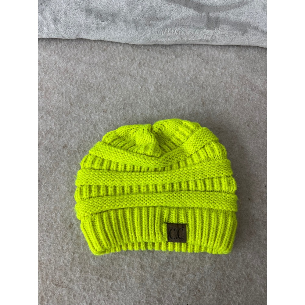 C.C Beanie Hat Neon Yellow Lime Green Cable Knit Ribbed Cuff Winter Cap 1564